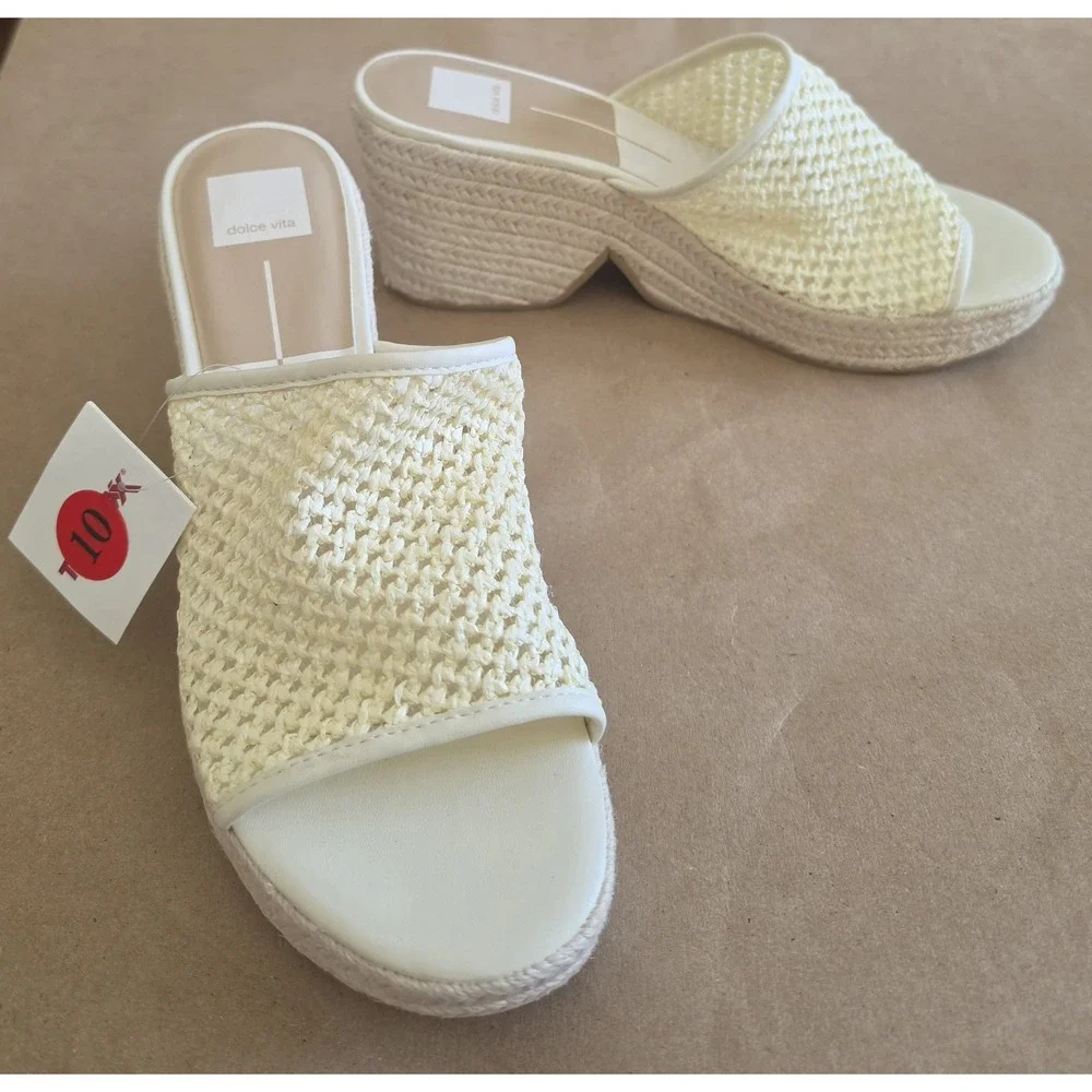 Dolce Vita Sandals 10 Cream Espadrille Platform Wedge Slip-On Slide Woven Raffia